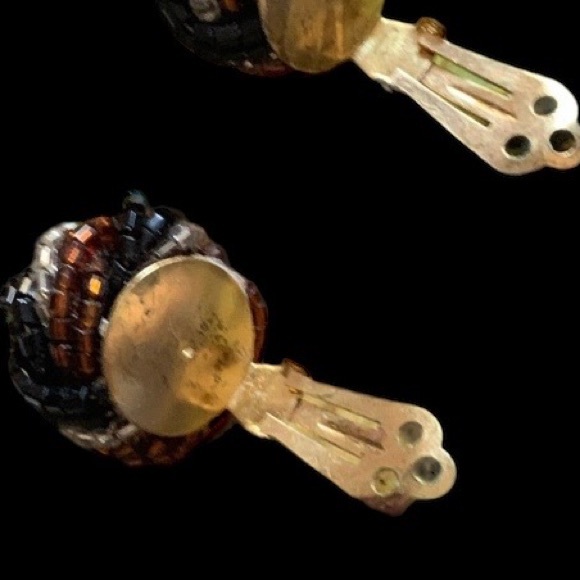 Vintage Glass Beaded Clip On Earrings Woman’s Jewelry Brown Black & Silver - Picture 5 of 5